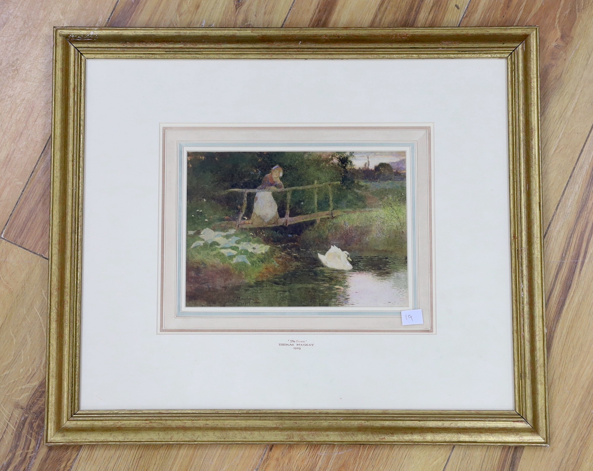 Thomas Mackay (1851-1920), watercolour, ‘The Swan’, rural view with maid on a bridge, signed and dated 1905, 15 x 21cm